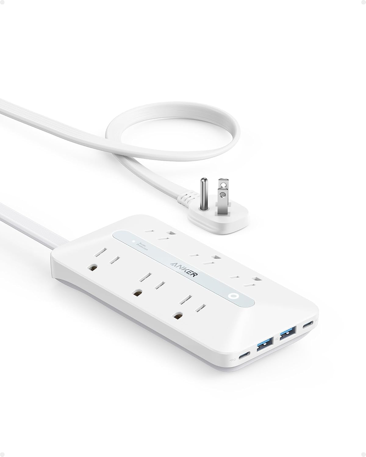 anker 300j flat plug 10-in-1 ultra thin power strip with 6 ac and 3 usb ports, extension cord, desk charging station, 5 feet, black