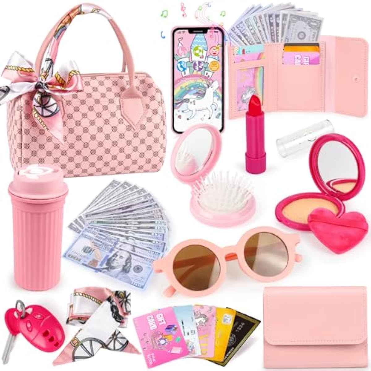 Play Purse for Little Girls, 32PCS Toddler Purse with Pretend Makeup for Kids, Princess Toys Includes Handbag, Phone, Wristwatch, Silk Scarf Kids Toy Purse Birthday Gift for Girls 3 4 5 6 +