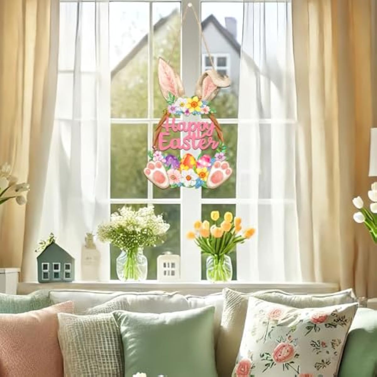 wooden easter decoration door wreath hollow bunny sign spring decoration wall decor