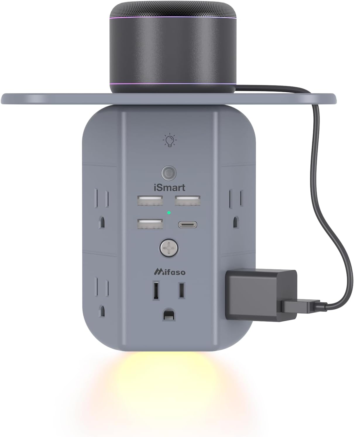 Mifaso 3-sided multi-plug power strip with shelf, night light, and surge protector, white