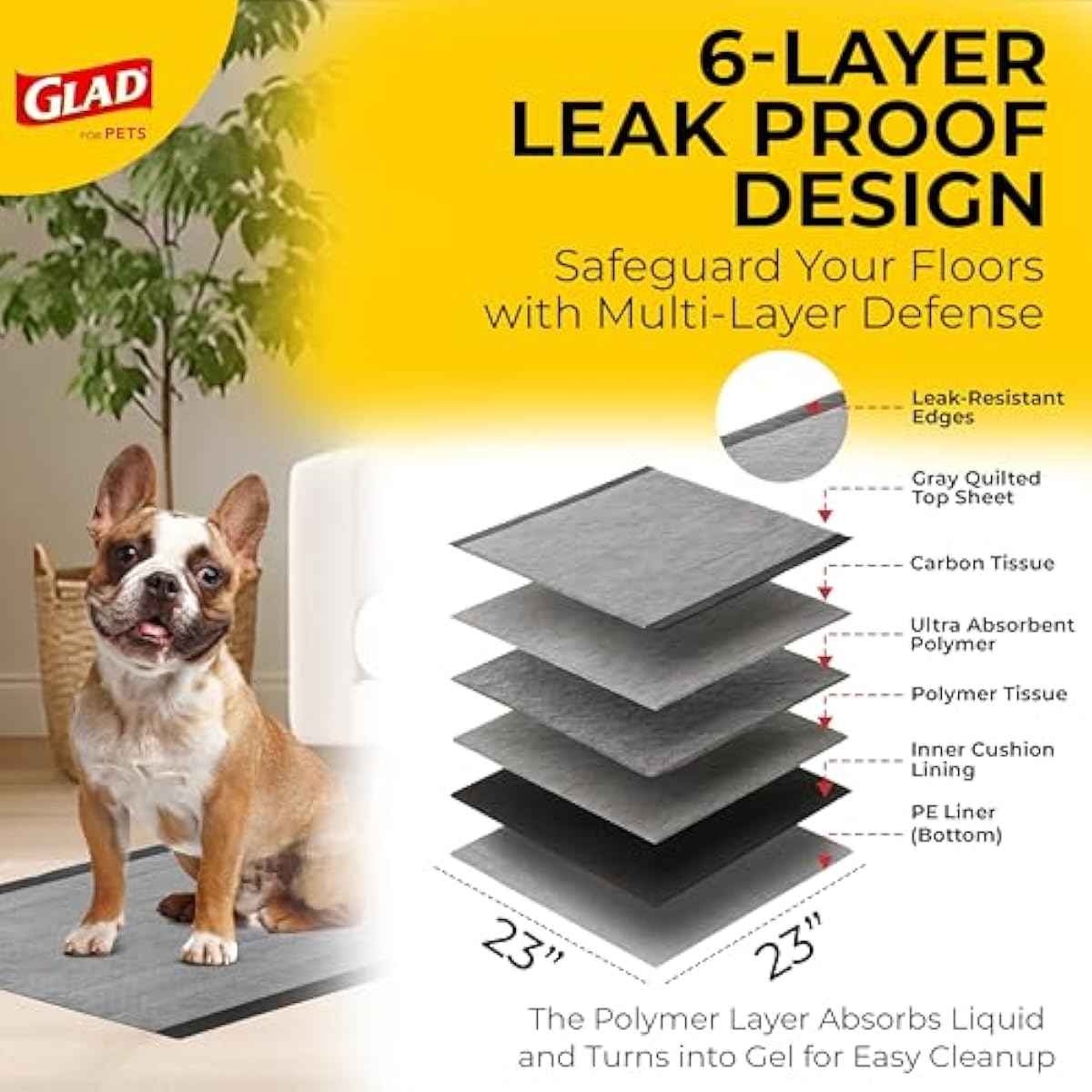 Glad for Pets Black Charcoal Puppy Training Pads with Odor Control and Pheromone Attractant, Leak Resistant Dog Potty Pads for House Training Puppies and Dogs, 23 x 23 in, 50 Count