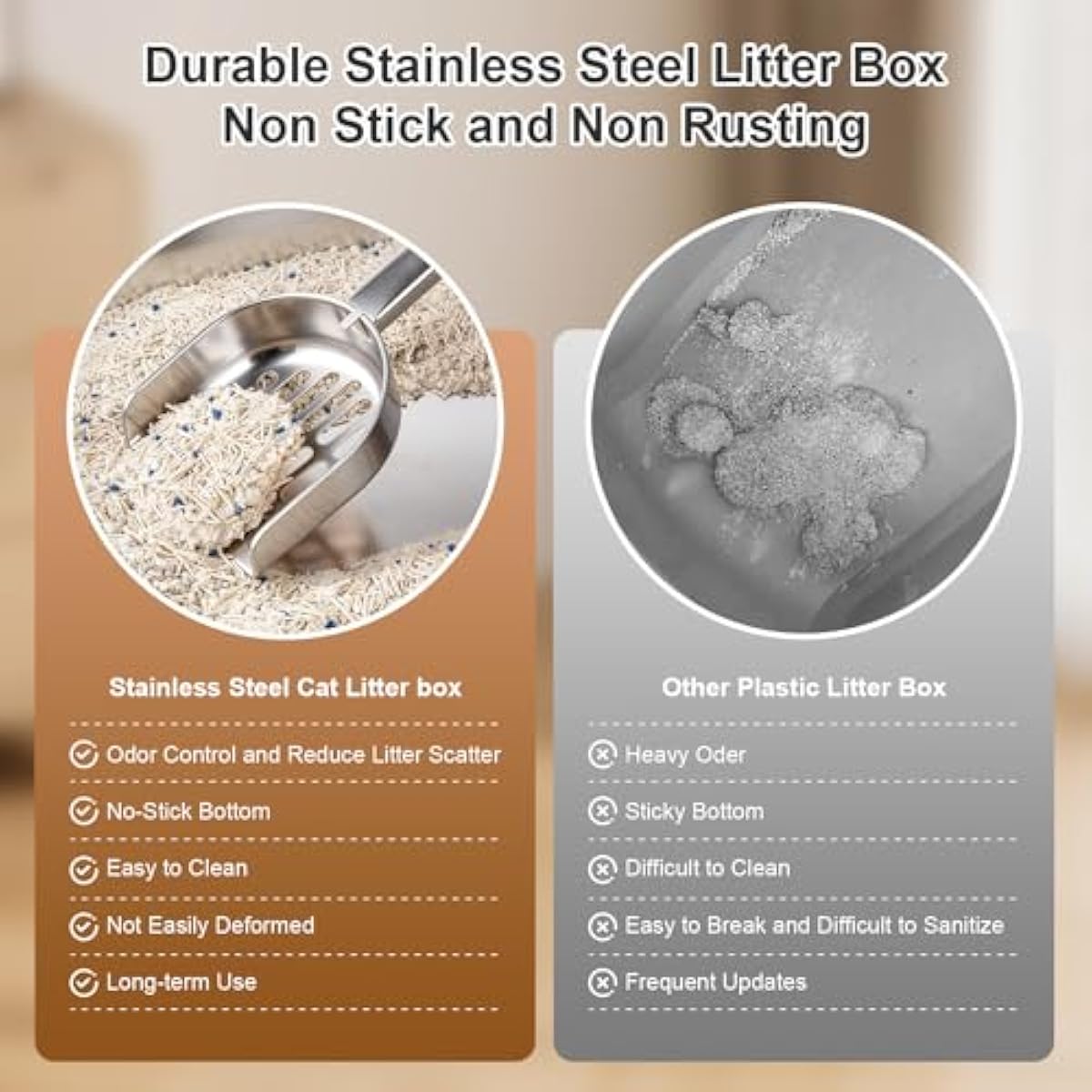 stainless steel metal cat litter box with high sides odor-free non-stick for indoor cats and kittens