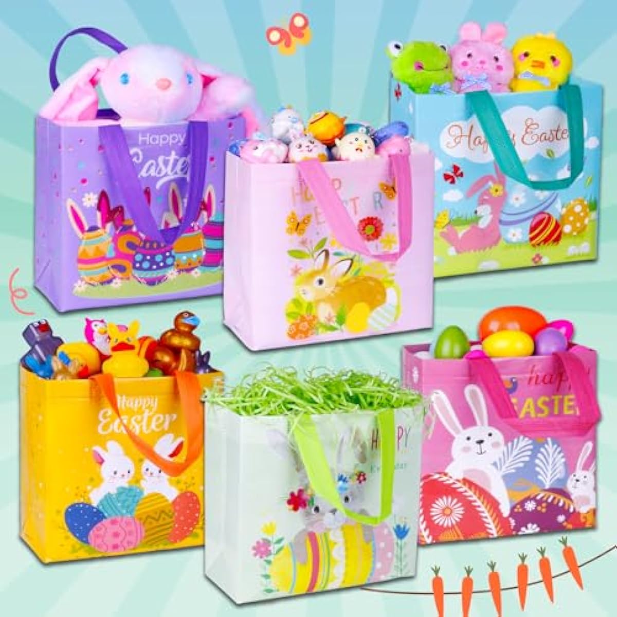 exun happy easter gift bags with handles, bunny carrot chick designs, reusable non-woven treat bags for party favors, gift wrapping, easter basket container, 6-pack, 9.1×8.7×4.5 inch
