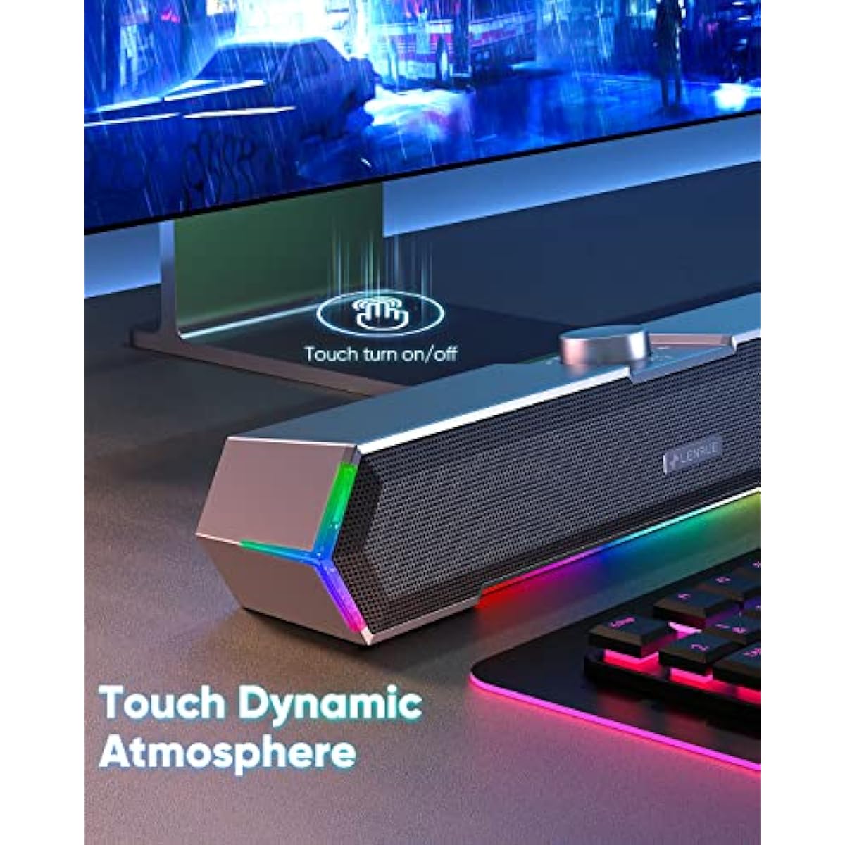lenrue g11 computer speakers with clear sound and touch lights for pc desktop laptop monitor