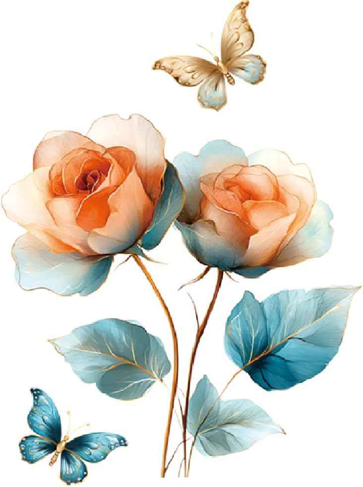Gold Leaf Blue Flower Wall Decal PVC Wall Sticker Vintage Watercolor Floral Wall Art for Living Room Bedroom Home Decor