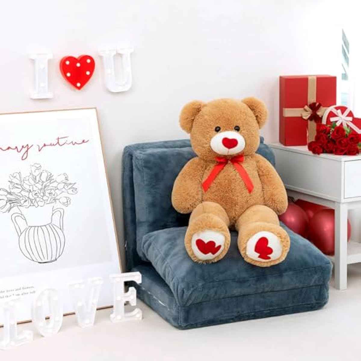 HollyHOME Big Teddy Bear Stuffed Animal Valentines Large Bear Plush with Red Heart for Girlfriend and Kids Valentines 36 inch Tan