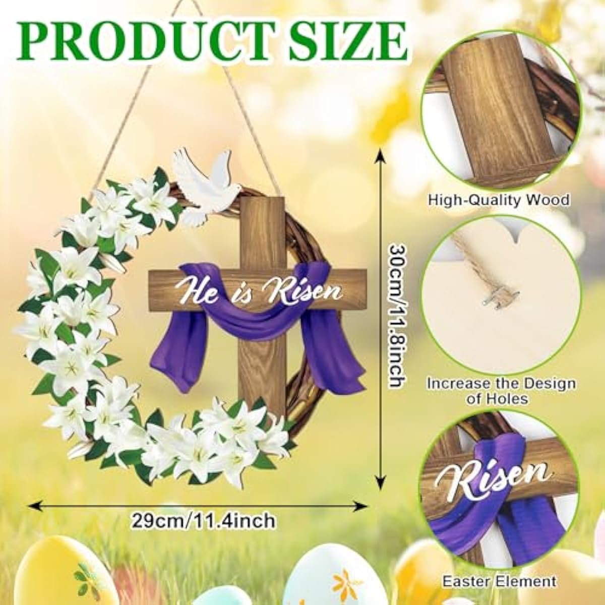 He is Risen Wooden Wreaths for Front Door - Christian Jesus Lily Flowers Ornaments Hanging Crafts - Spring Home Farmhouse Party Porch Decor
