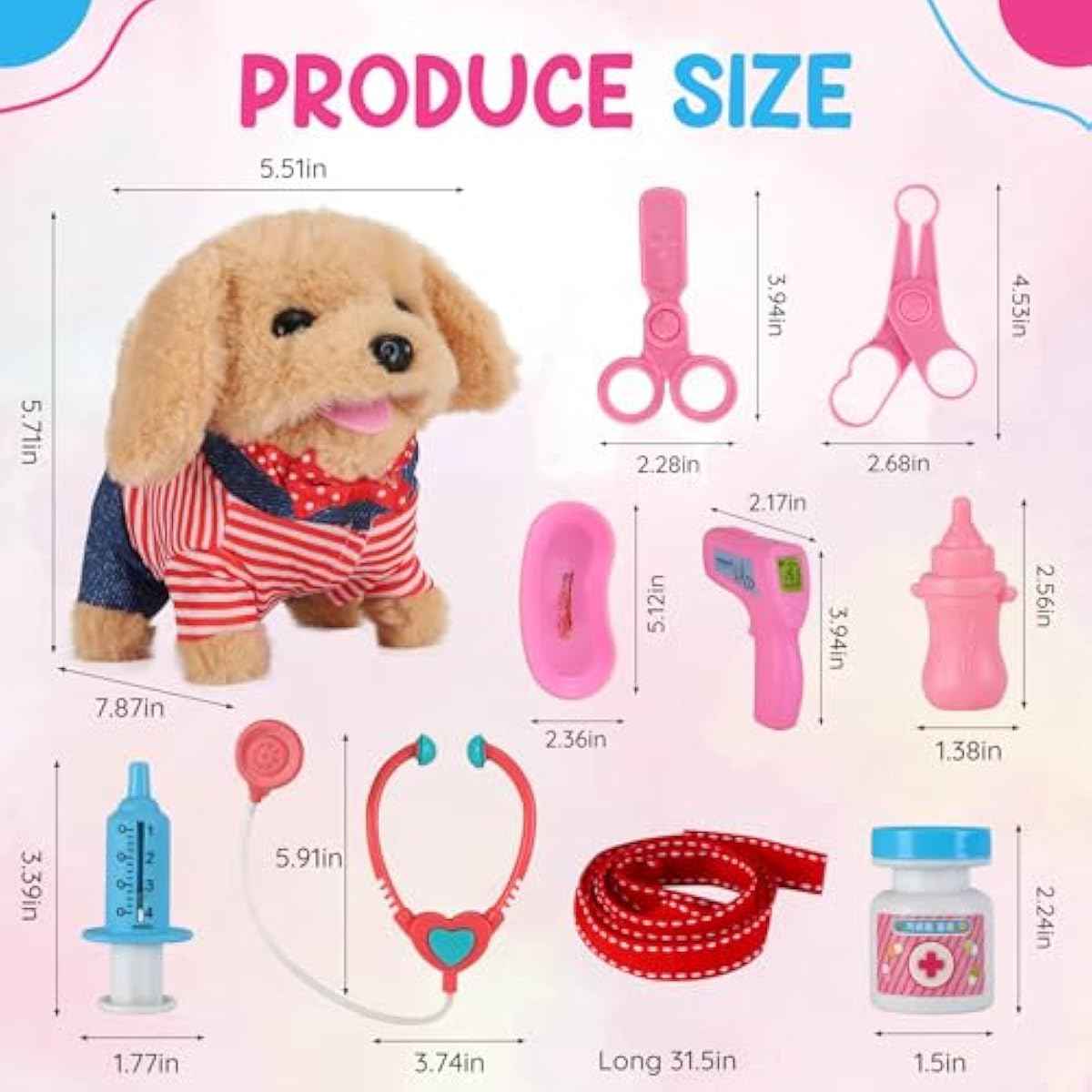 Toddler Toy 10 Pcs Interactive Retriever Robot Dog Toy - Walking & Stuffed Puppy with Stethoscope for Vet Role Play, Educational Toddler Gifts for 3 Year Old Girl