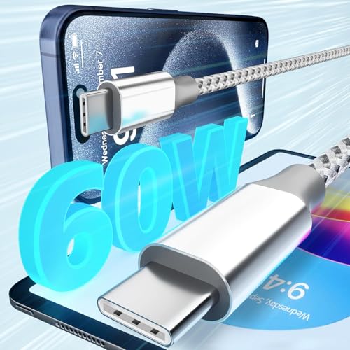 KYEHD 3-pack 10FT 60W fast charging USB-C cables for iPhone 17/16/15, iPad, MacBook, CarPlay and more, grey and white