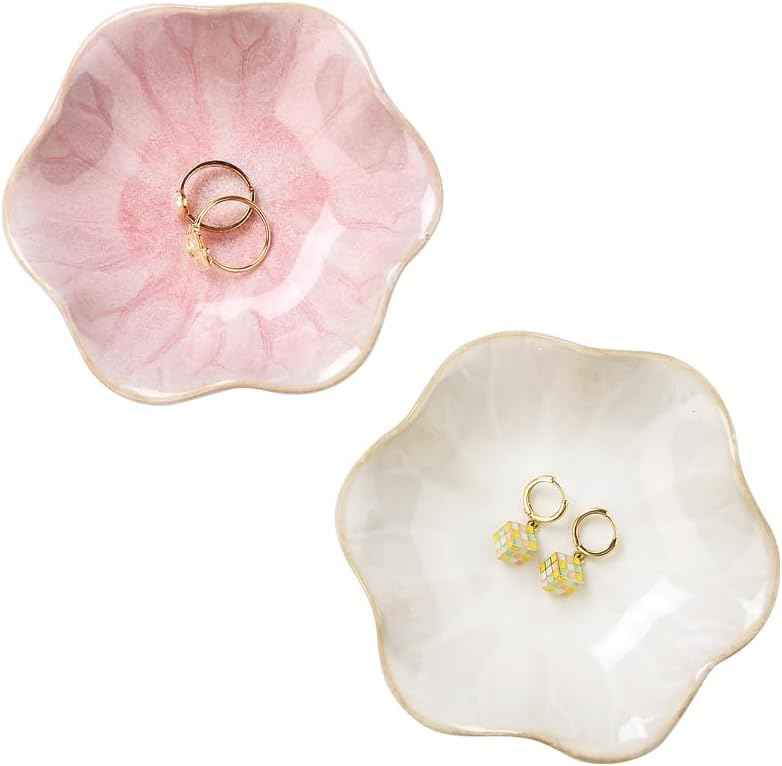 Lotus Leaf Shape Decorative Ring Tray, Small Key Bowl, Ceramic Trinket Tray Jewelry Dish Organizing Necklace Earrings, Home Decoration for Mom Best Friend Sister, Pink.