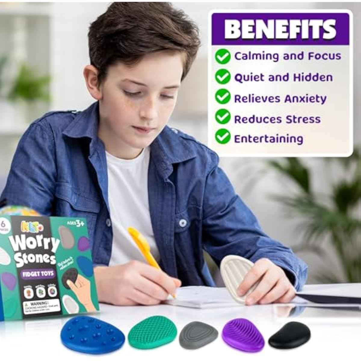 Fidget Toys Adults Sensory Stone: 6 Pack Textured Worry Stone for Autism Kids Calming Down - Fidget Stress Toys for Anxiety Relief - Small Students Prizes Fidget Toys