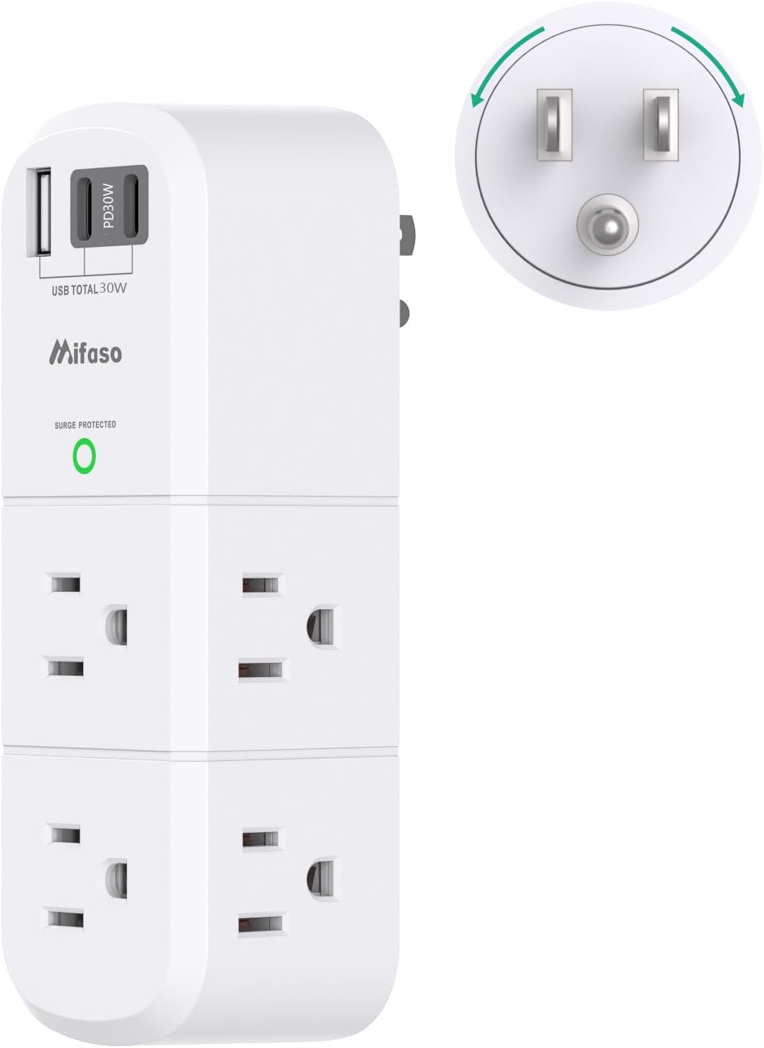 mifaso 3 sided swivel rotating plug surge protector with 6 ac multi plug wall outlets and 3 usb ports