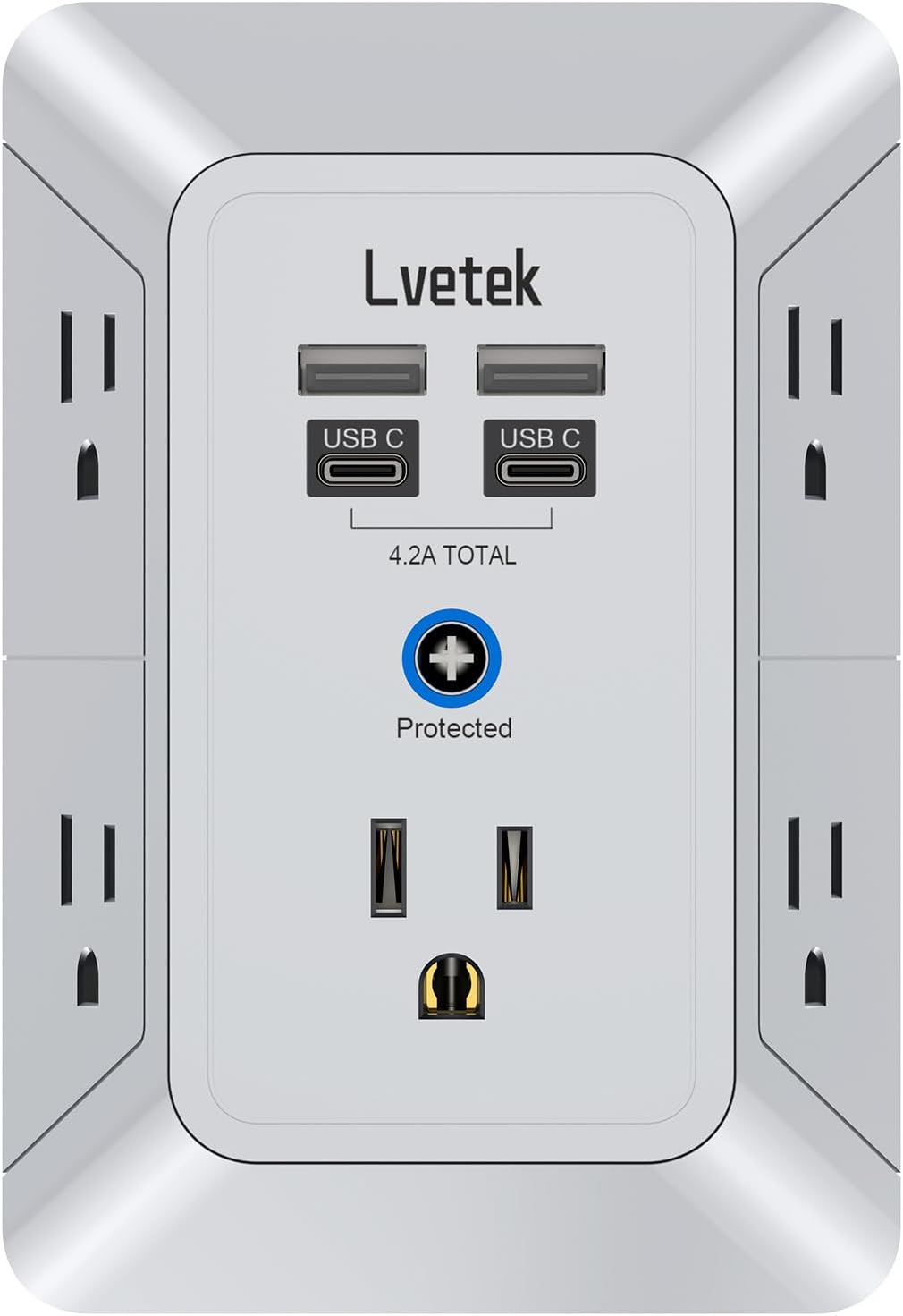 5 outlet wall extender with 4 USB charging ports, 3-sided surge protector, ETL listed, white
