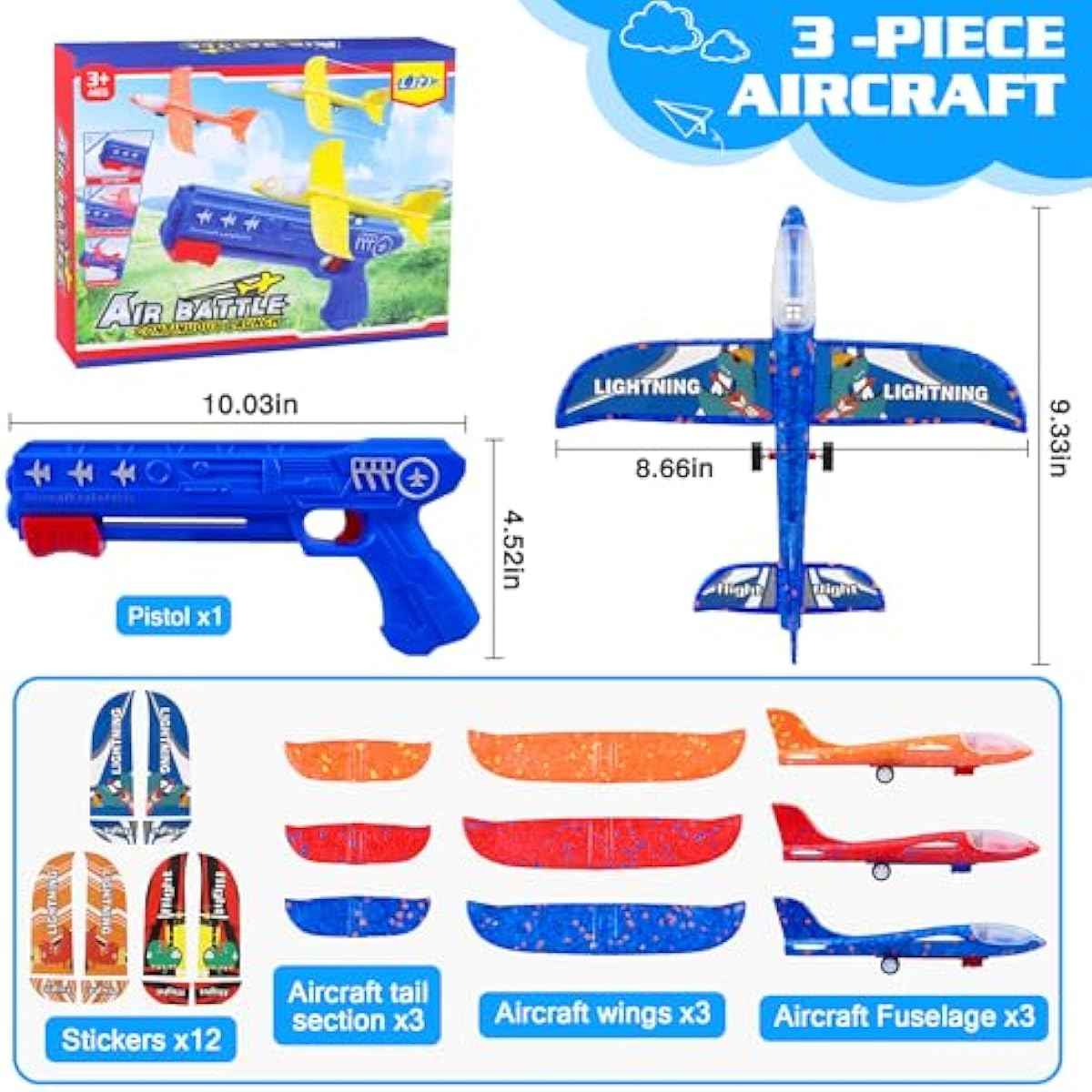 3 Pack Airplane Launcher Toys, 2 Flight Modes LED Foam Glider Catapult Plane, Outdoor Flying Toy for Kids, Birthday Gifts for Boy Girl 3+ Year Old, B-Day Party Supplies