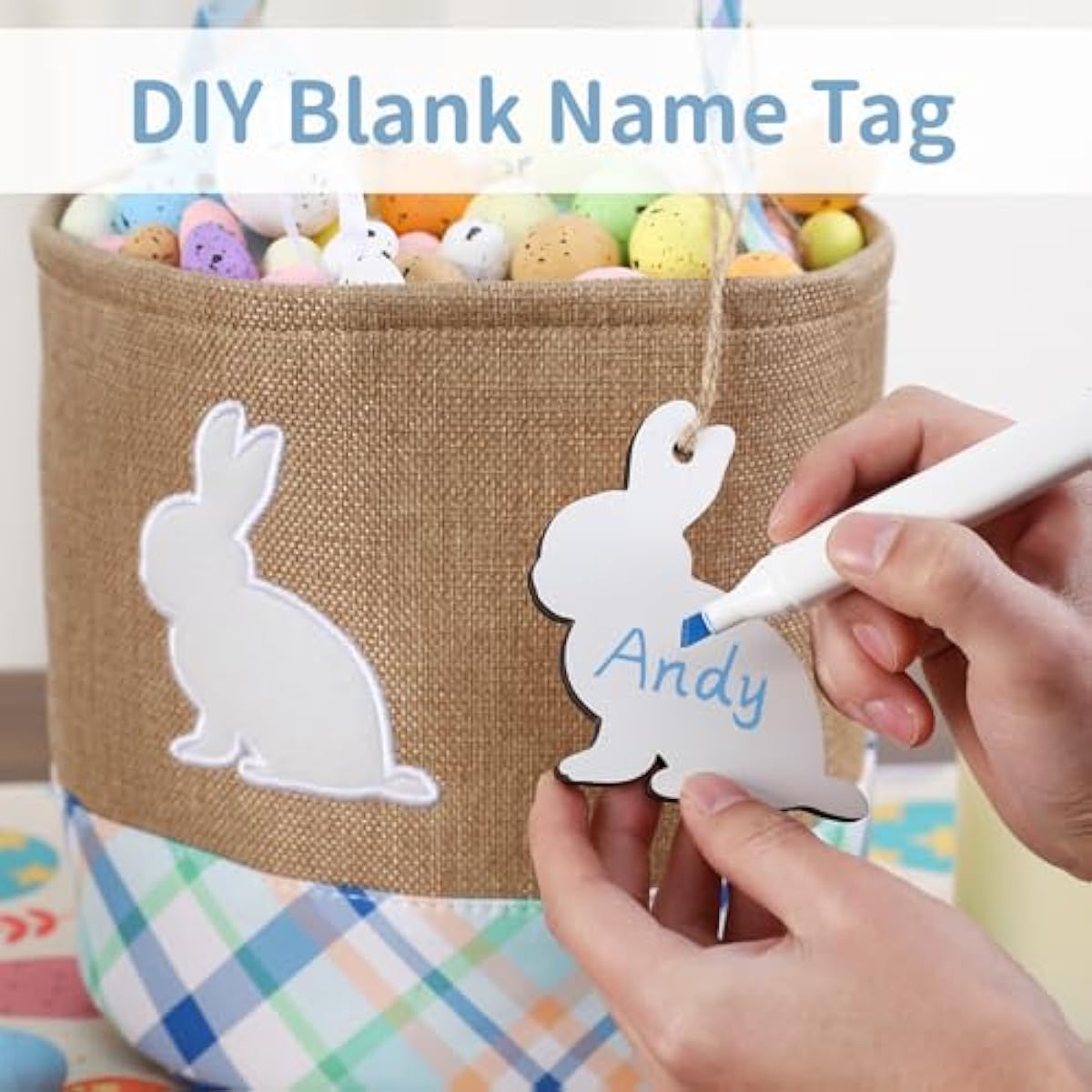handmade wooden easter bunny basket with diy tag for kids boys girls easter egg hunt storage (blue)
