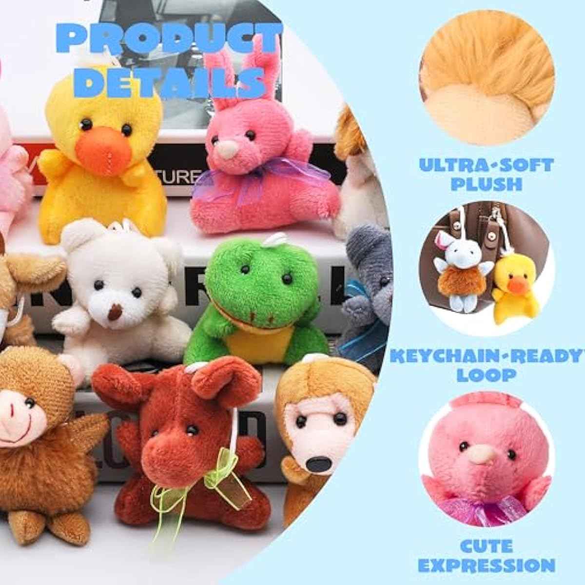 JOYIN 24 Pack Mini Animal Plush Toy Assortment (24 Units 3" Each), Animals Keychain Decoration for Kids, Small Stuffed Animal Bulk for Kids, Carnival Prizes, School Gifts, Valentines Goodie Bags