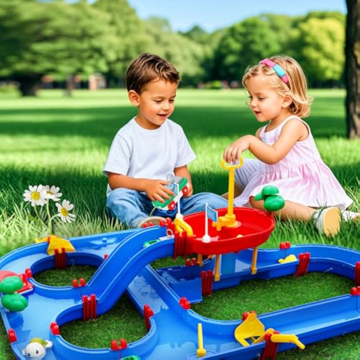 VATOS 2-Tier Water Table for Toddlers in Summer,100PCS DIY Waterways Playset with Pump for Outside Yard,Beach,Poolside Activity Sensory Play Table Addition for Kids Boys Girls Age 3 4 5 6 Year Old