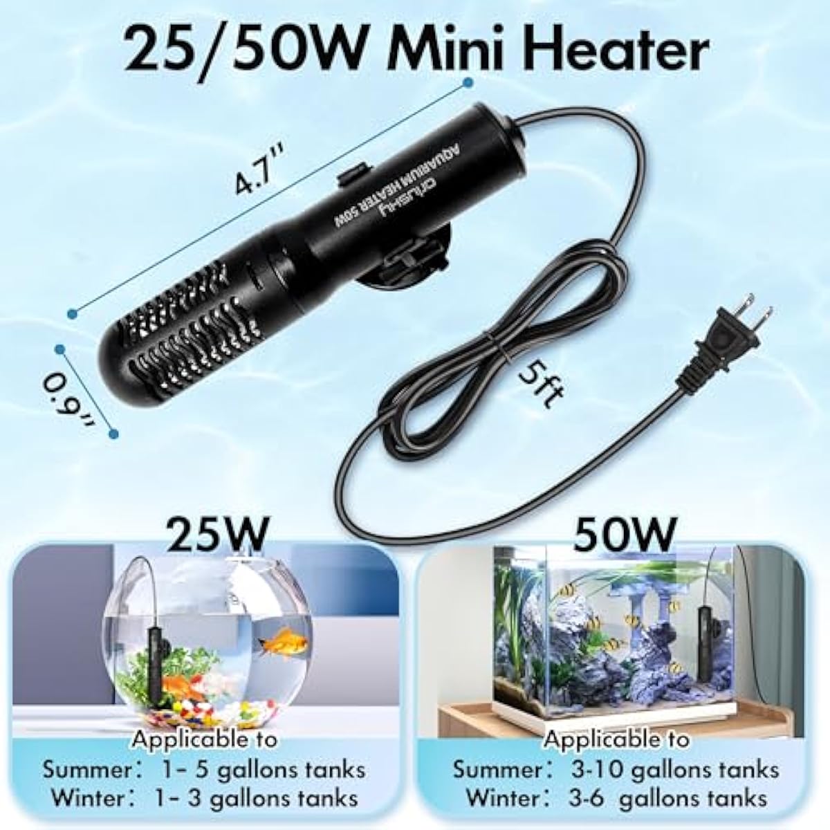 orlushy 25w small submersible aquarium heater for betta fish tank 78℉ constant temperature 1-6 gallons freshwater saltwater