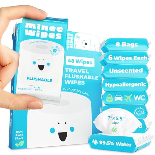 Compact Travel Flushable Wipes for Sensitive Skin - 99.5% Water and Aloe - 8 Pack 48 Wipes