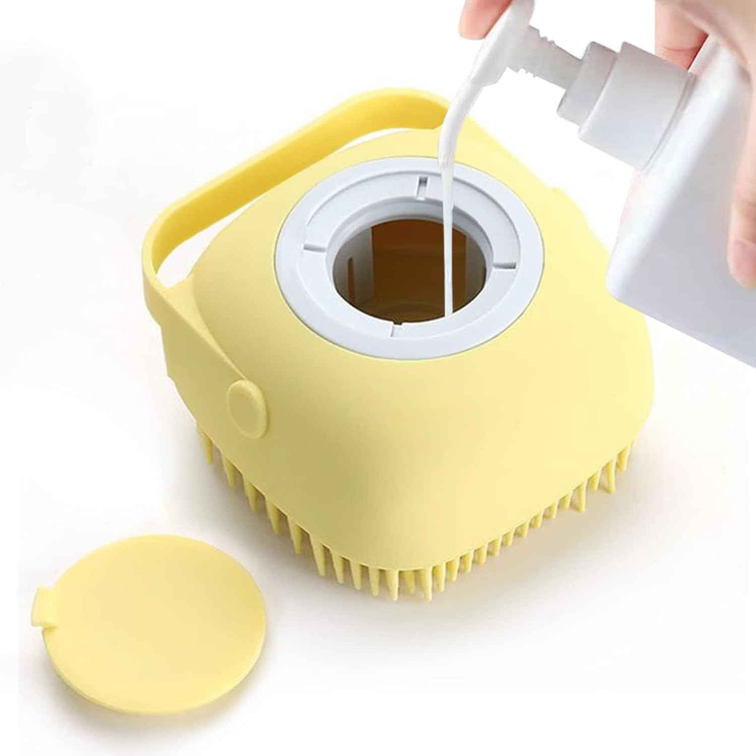 ELEGX Pet Grooming Bath Massage Brush with Soap and Shampoo Dispenser Soft Silicone Bristle for Long Short Haired Dogs Cats Shower (Yellow)