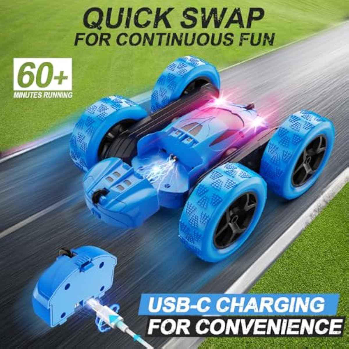 Remote Control Car, RC Cars Toys for Kids Ages 6-12, 4WD Stunt Car with LED Lights & 360° Flips, 2.4GHz, Upgraded USB-C Modular Batteries, 8-10 Year Old Boys Birthday Gift 1-Blue