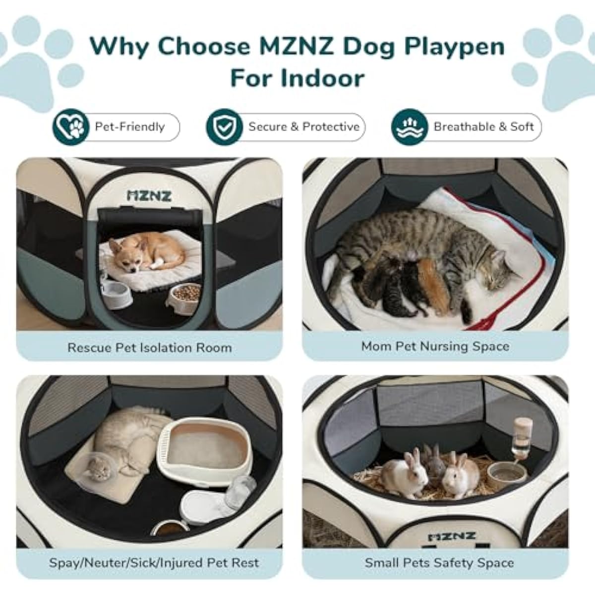 Grey dog cat playpen, portable puppy pet crate for small dogs, cats, rabbits, foldable dog cage enclosure with carrying case