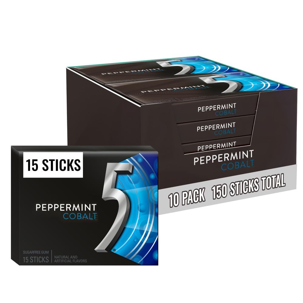 5 GUM Peppermint Cobalt Sugar Free Chewing Gum Bulk, 10 packs of 15 sticks each, for gaming and music sessions