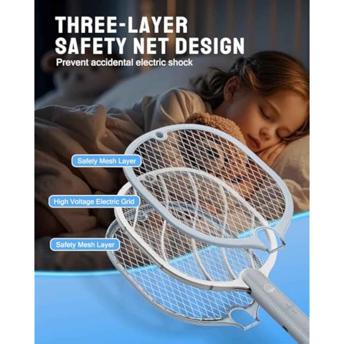 Electric Fly Swatter, 3800V Handheld Bug Zapper Racket, Type-C Rechargeable, Mosquito Zapper for Indoor Outdoor, 3-Layer Safety Mesh, Easy to Use, Lightweight (Basic 1 Pack)