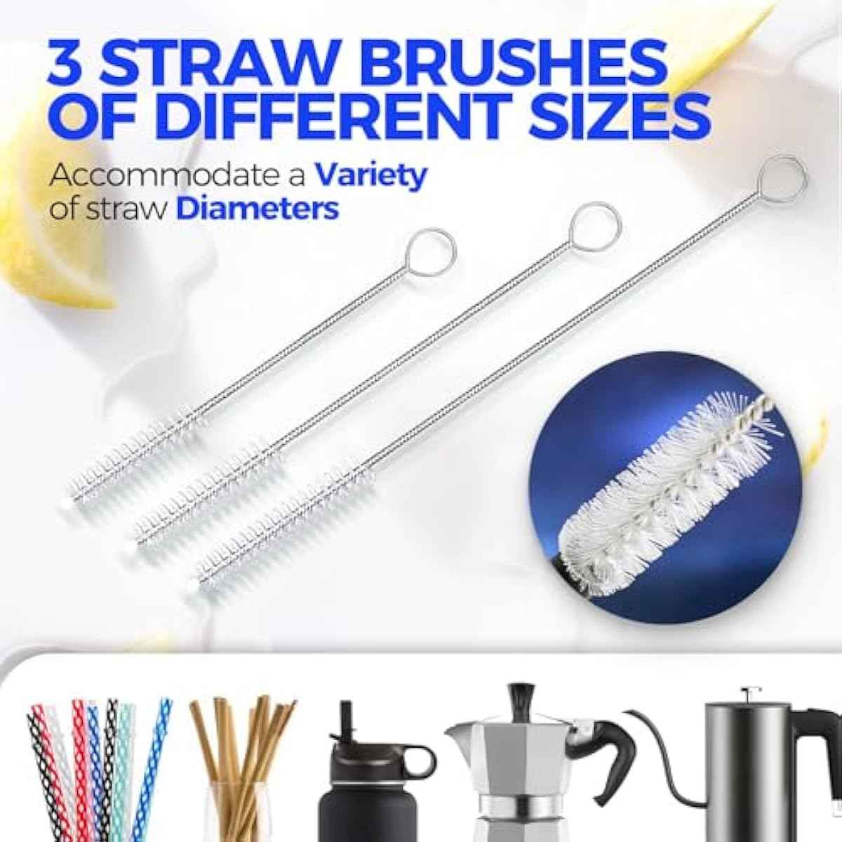 Holikme Bottle Brush Cleaner Set, 14" Long Handle Stainless Steel Bottle Cleaner Brush, 3 Straw Cleaner Brush, Bottle Cleaning Brush for Water Bottle, Cups, Abrasive Wheel Brushes, Straws Black