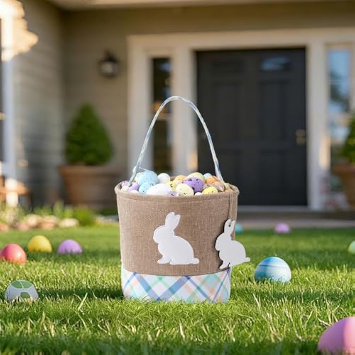 handmade wooden easter bunny basket with diy tag for kids boys girls easter egg hunt storage (blue)