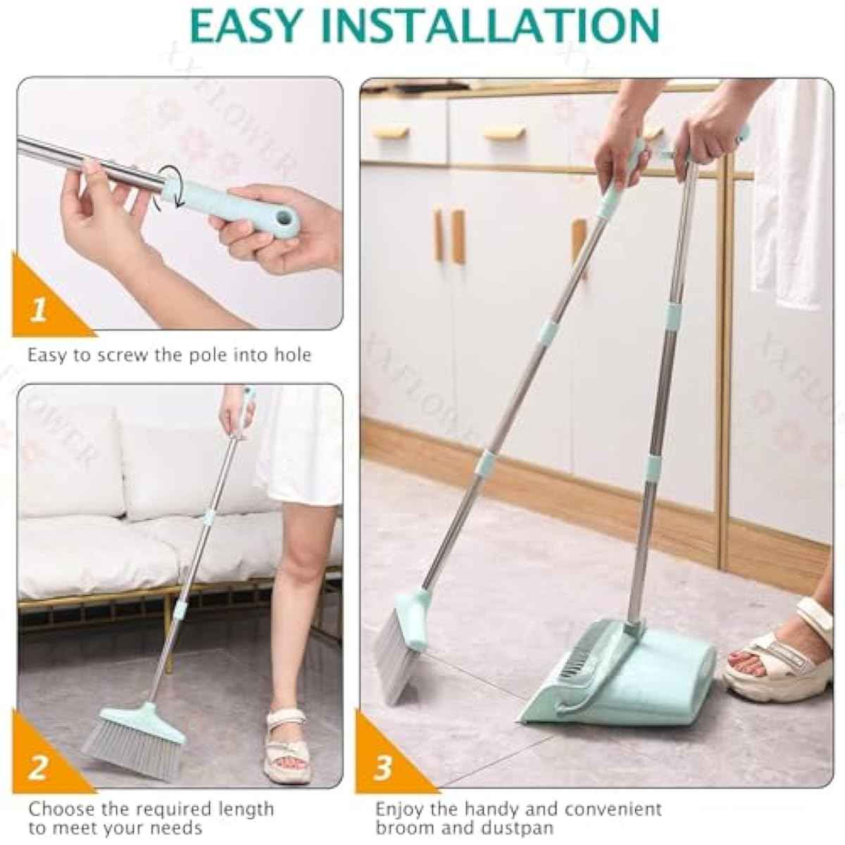 XXXFLOWER Broom and Dustpan Set with Cleaning Teeth, 55" Long Handle Indoor Sweeping Combo for Home Office Kitchen, Bluish Green