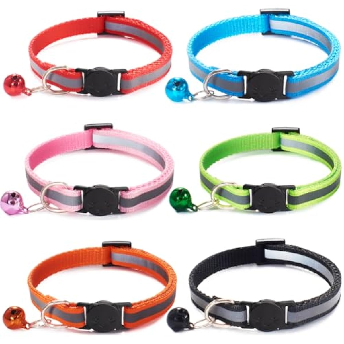 Nylon 6 Pack Reflective Cat Collar with Bell and Breakaway Buckle Adjustable 19-32cm Mixed Colors