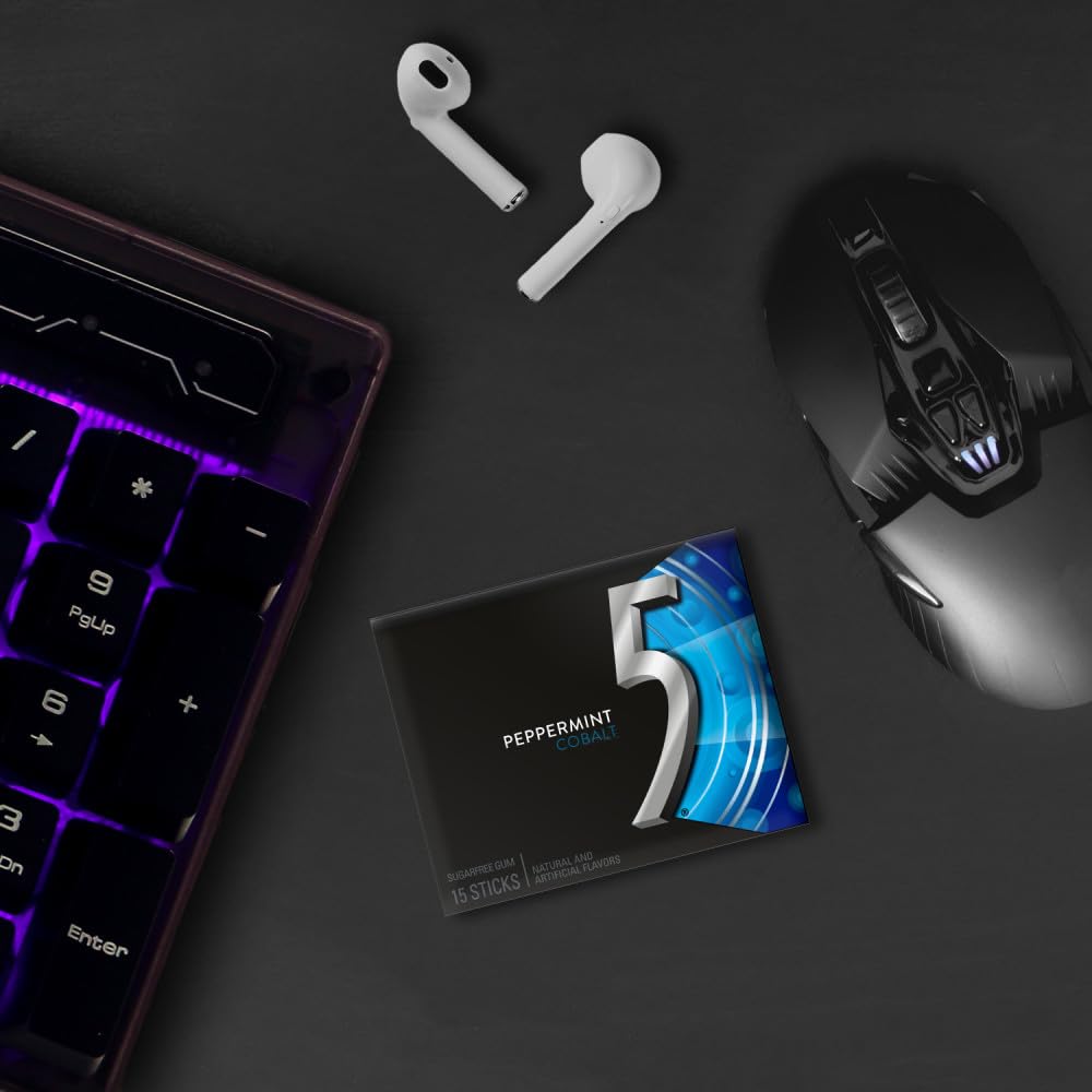 5 GUM Peppermint Cobalt Sugar Free Chewing Gum Bulk, 10 packs of 15 sticks each, for gaming and music sessions