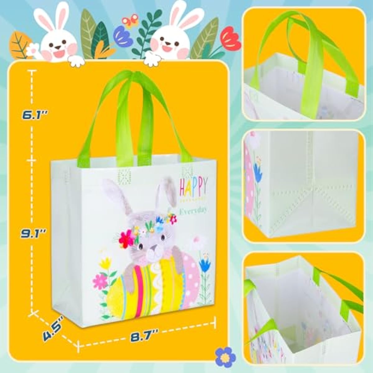 exun happy easter gift bags with handles, bunny carrot chick designs, reusable non-woven treat bags for party favors, gift wrapping, easter basket container, 6-pack, 9.1×8.7×4.5 inch