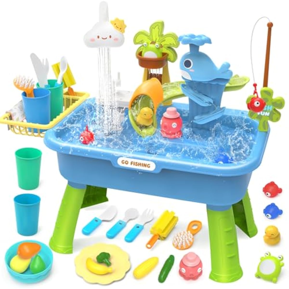 21 Blue Kids Kitchen Sink Toy with Electric Faucet 4-in-1 Play Set with Detachable Legs and Fishing Game