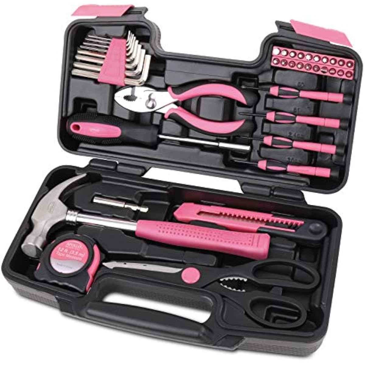 Apollo Tools Original 39 Piece General Household Tool Set in Toolbox Storage Case with Essential Hand Tools for Everyday Home Repairs, DIY and Crafts - Pink Ribbon - Pink - DT9706P