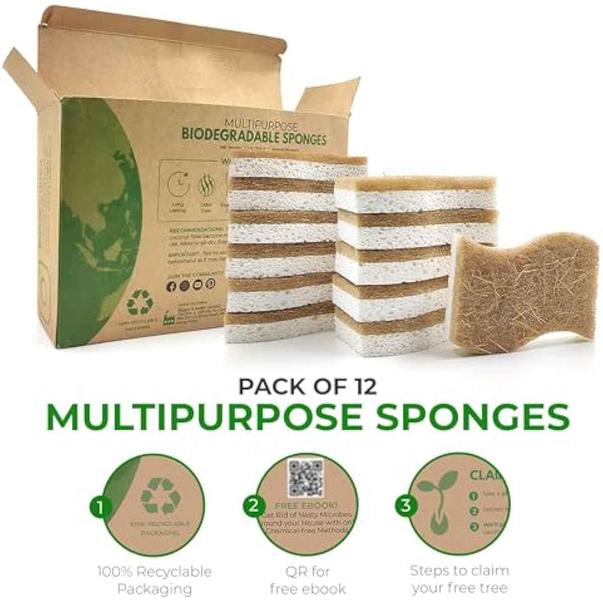 Biodegradable Natural Kitchen Sponge - Compostable Cellulose and Coconut Walnut Scrubber Sponge (12 Pack)
