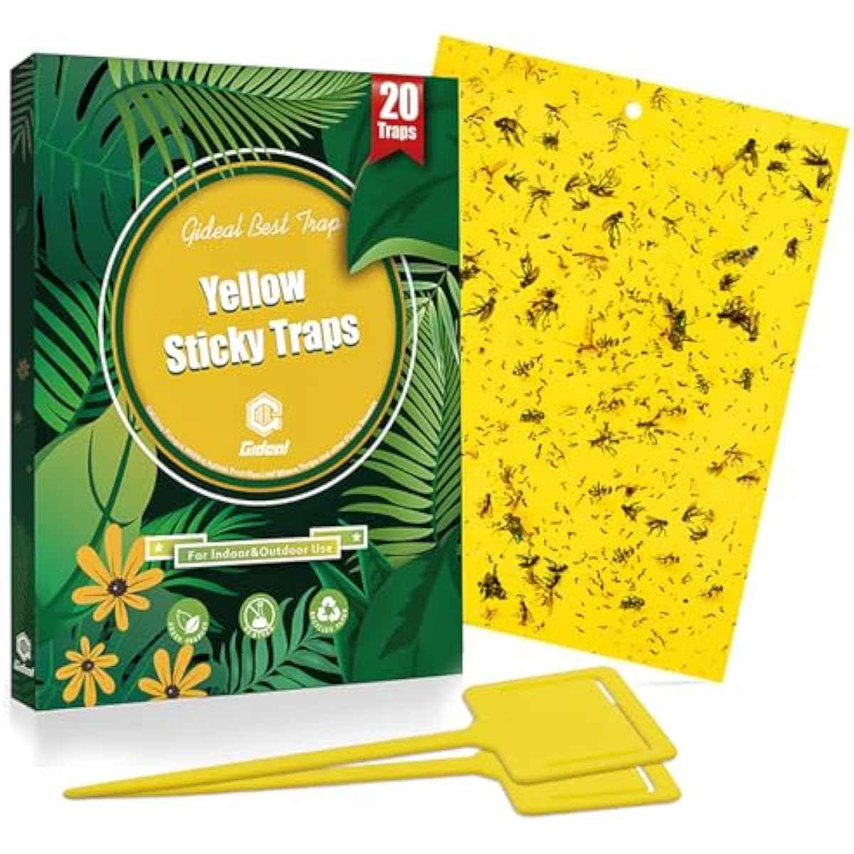 Gideal 20-Pack Dual-Sided Yellow Sticky Traps for Flying Plant Insect Such as Fungus Gnats, Whiteflies, Aphids, Leafminers,Thrips - (6x8 Inches, Included 20pcs Twist Ties)