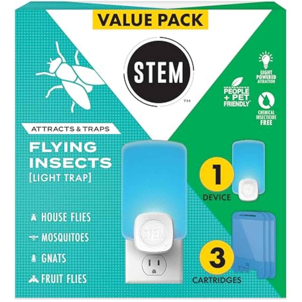 STEM Insect Trap - Indoor Fruit Fly & Gnat Pest Control for House, Home and Kitchen, Attracts & Traps Flying Bugs, Soft Blue Light - Includes 1 Plug-in Device & 3 Cartridges