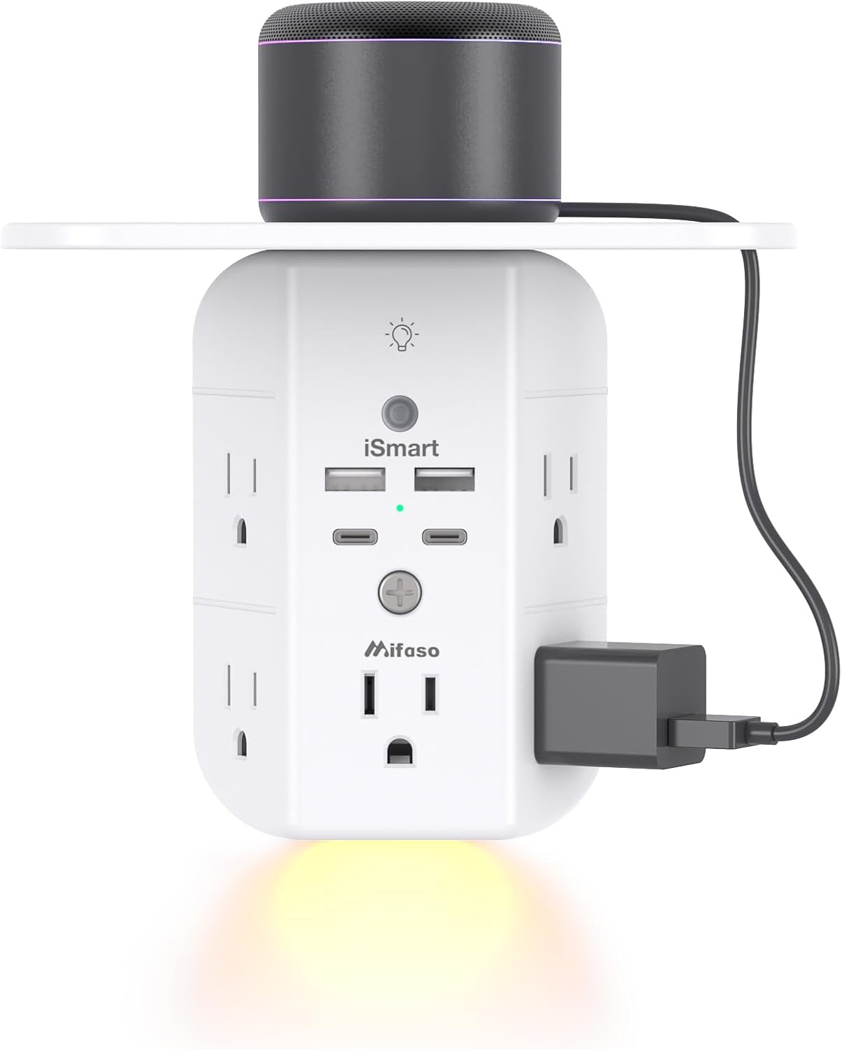 Mifaso 3-sided multi-plug power strip with shelf, night light, and surge protector, white