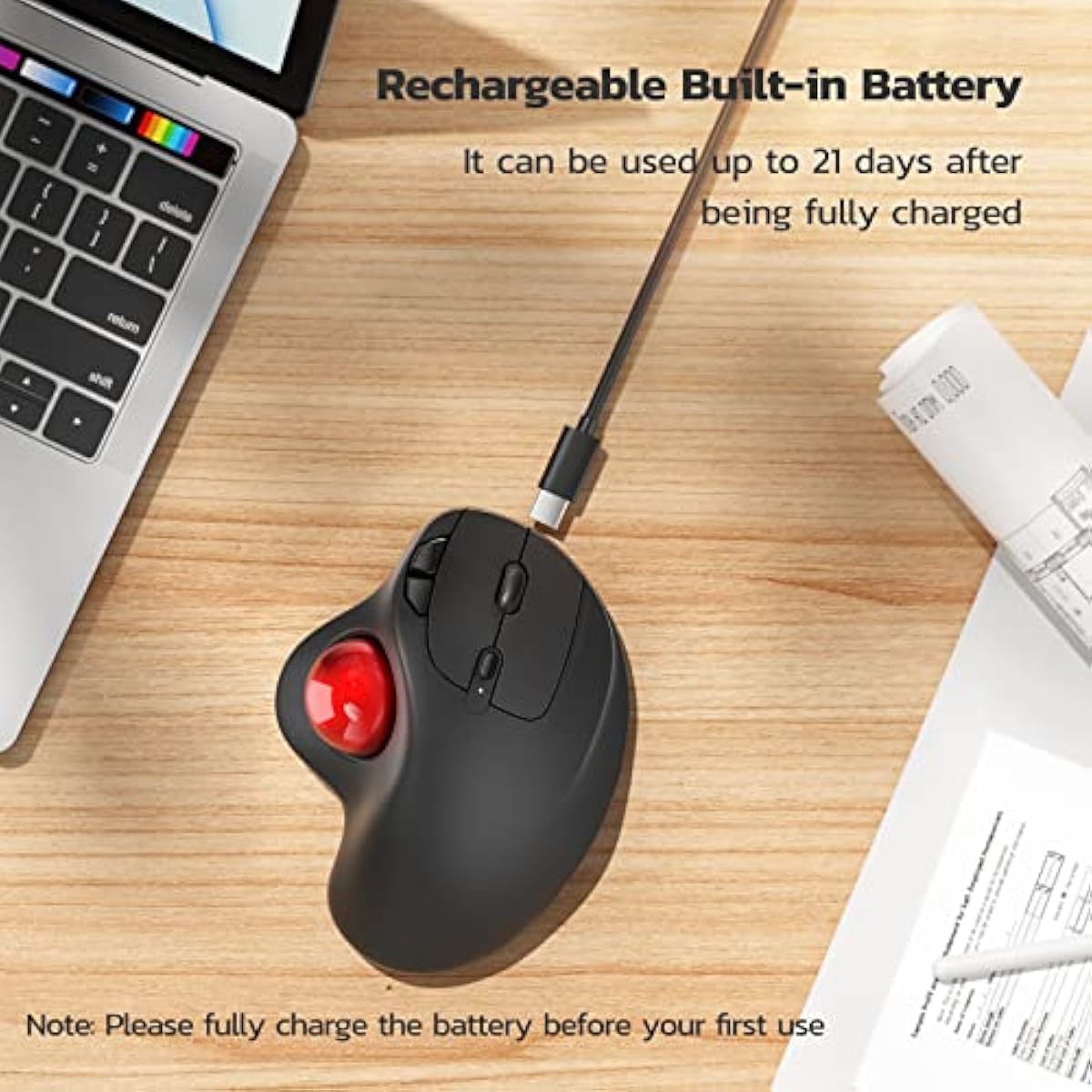 Nulea M501 wireless trackball mouse, rechargeable ergonomic, easy thumb control, precise tracking, 3 device connection, PC, laptop, Mac, Windows compatible