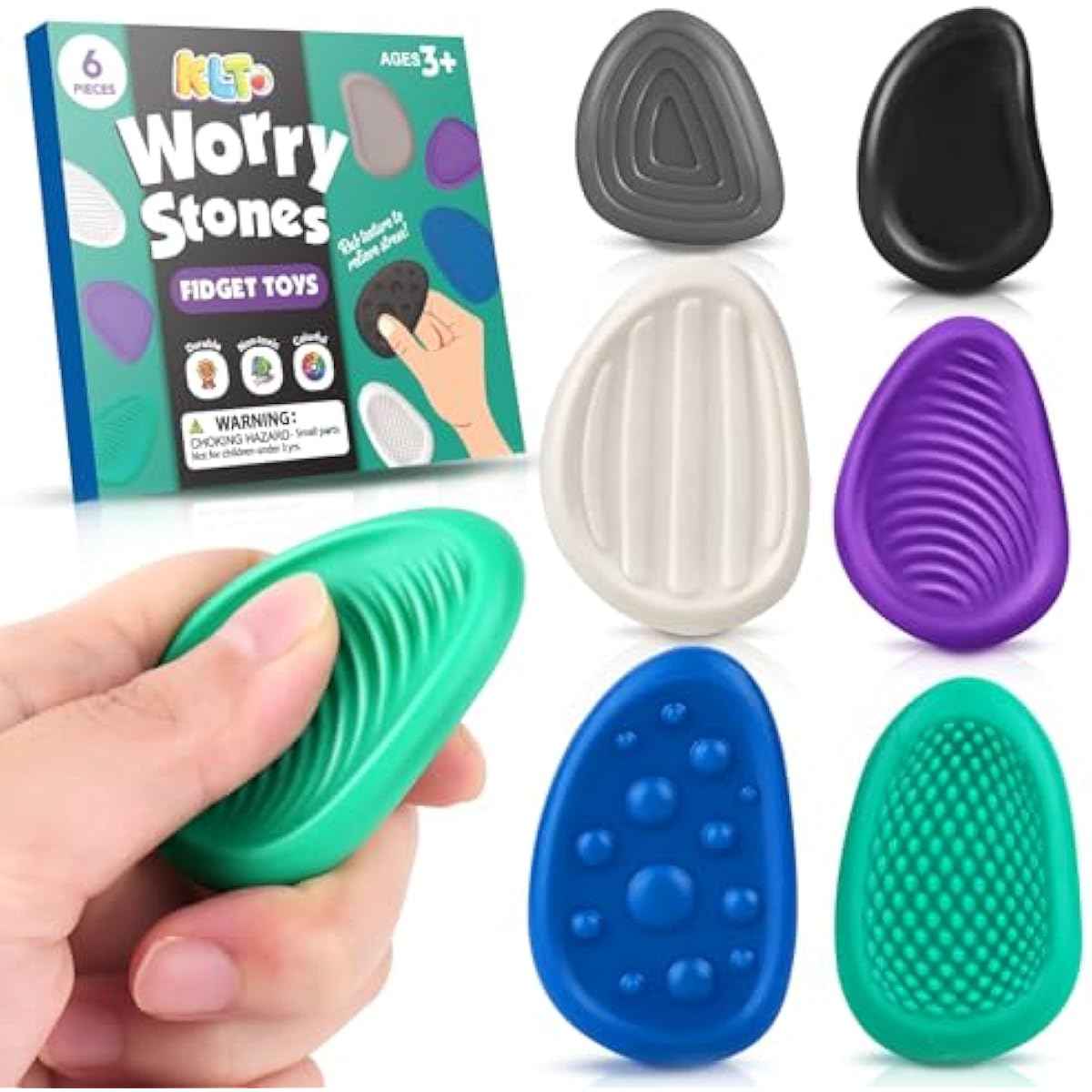 Fidget Toys Adults Sensory Stone: 6 Pack Textured Worry Stone for Autism Kids Calming Down - Fidget Stress Toys for Anxiety Relief - Small Students Prizes Fidget Toys