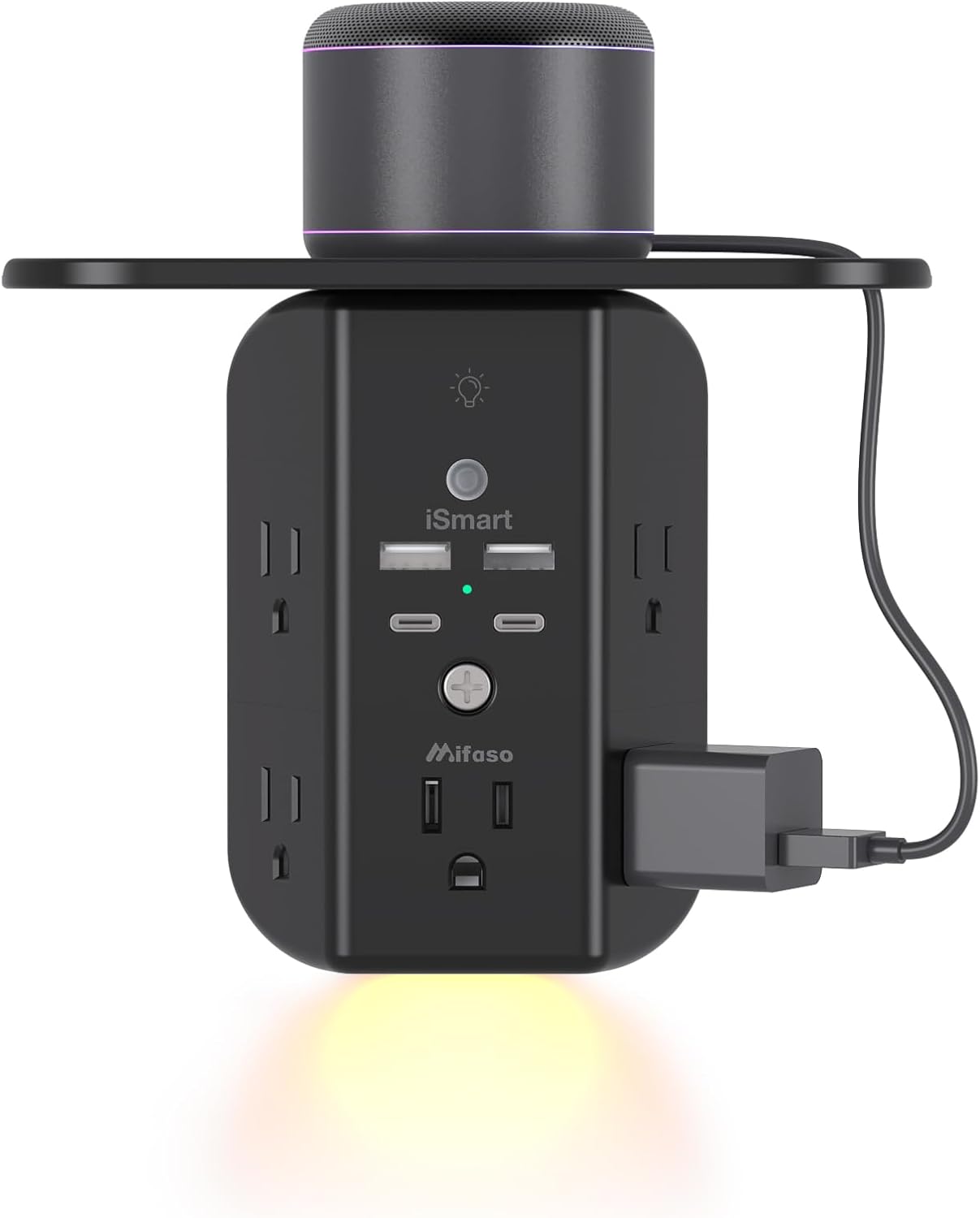 Mifaso 3-sided multi-plug power strip with shelf, night light, and surge protector, white
