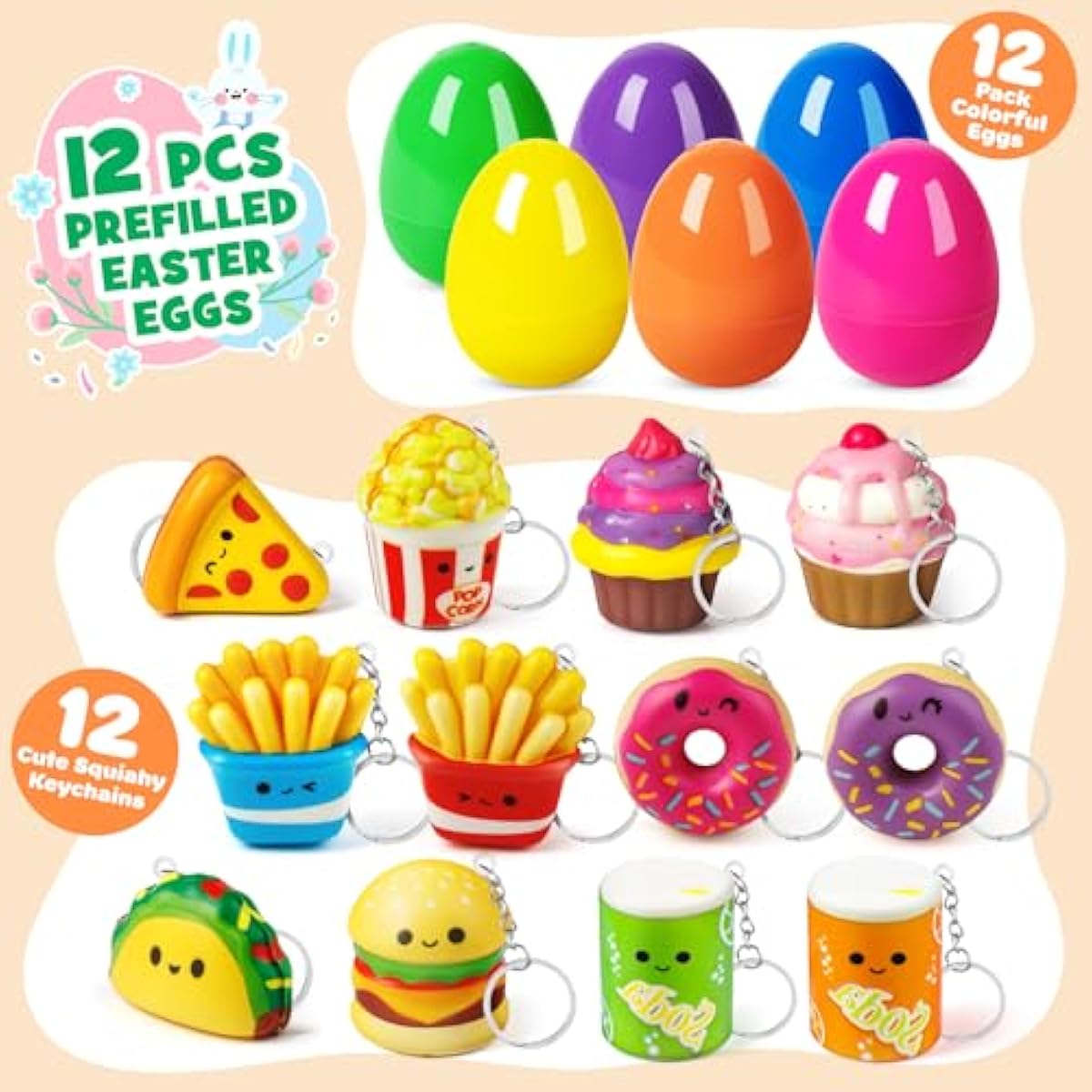 12 Pack Prefilled Easter Eggs with Food Squishy Toys Keychains, Easter Eggs Filled for Kids Easter Egg Hunt Easter Basket Stuffers Goodie Bag Fillers School Classroom Gifts