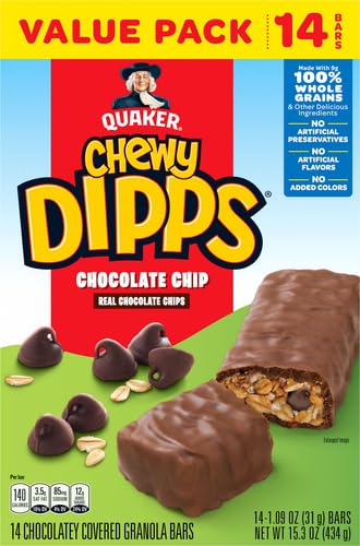 Quaker Chewy Dipps Granola Bars, Chocolate Chip, 14 Count, 1.09 oz, 100% Whole Grains, No Artificial Preservatives
