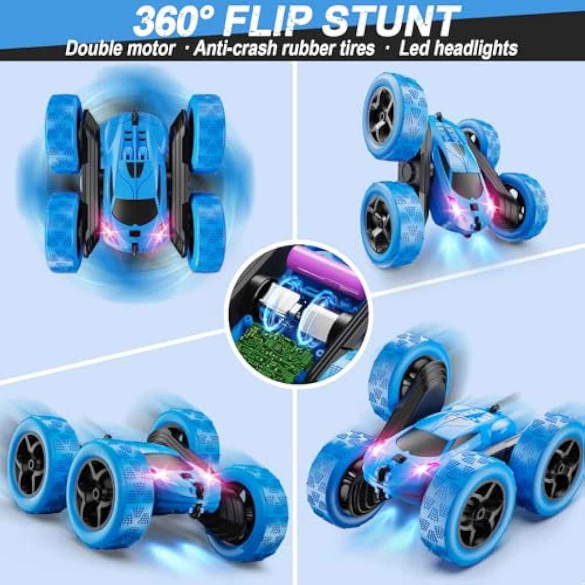Remote Control Car, RC Cars Toys for Kids Ages 6-12, 4WD Stunt Car with LED Lights & 360° Flips, 2.4GHz, Upgraded USB-C Modular Batteries, 8-10 Year Old Boys Birthday Gift 1-Blue