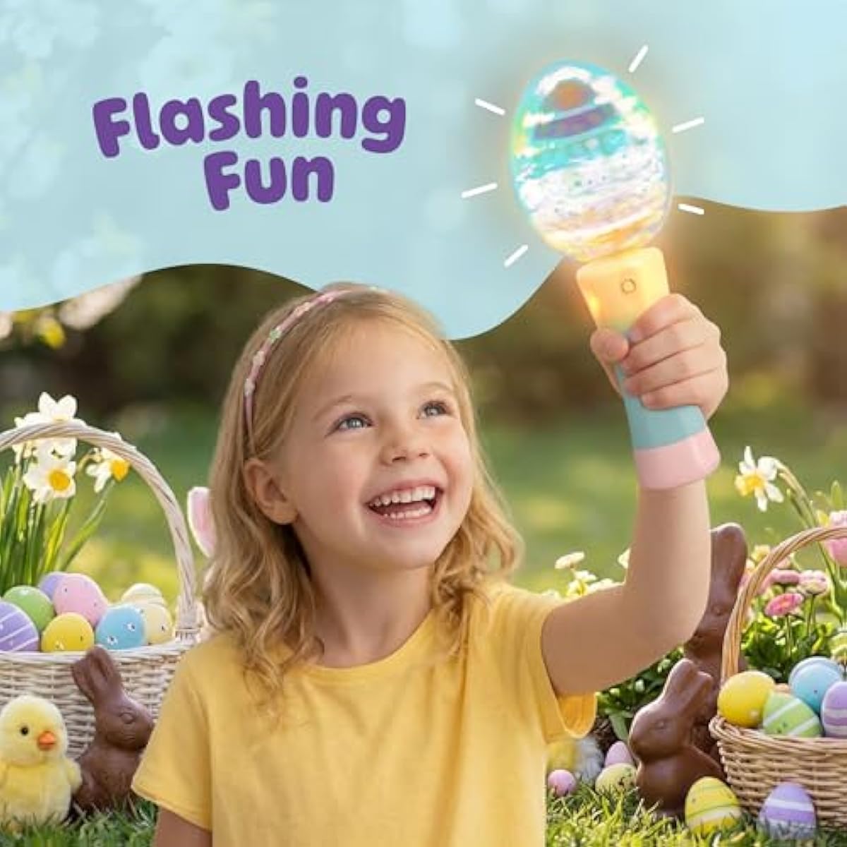 ArtCreativity Easter Egg Magic Ball Wand -7.5" - Custom Egg-Shaped Top Light Up Magic Ball Toy Wands for Kids with Batteries - Flashing LED Wands for Boys & Girls, Fun Gift or Birthday Party Favor