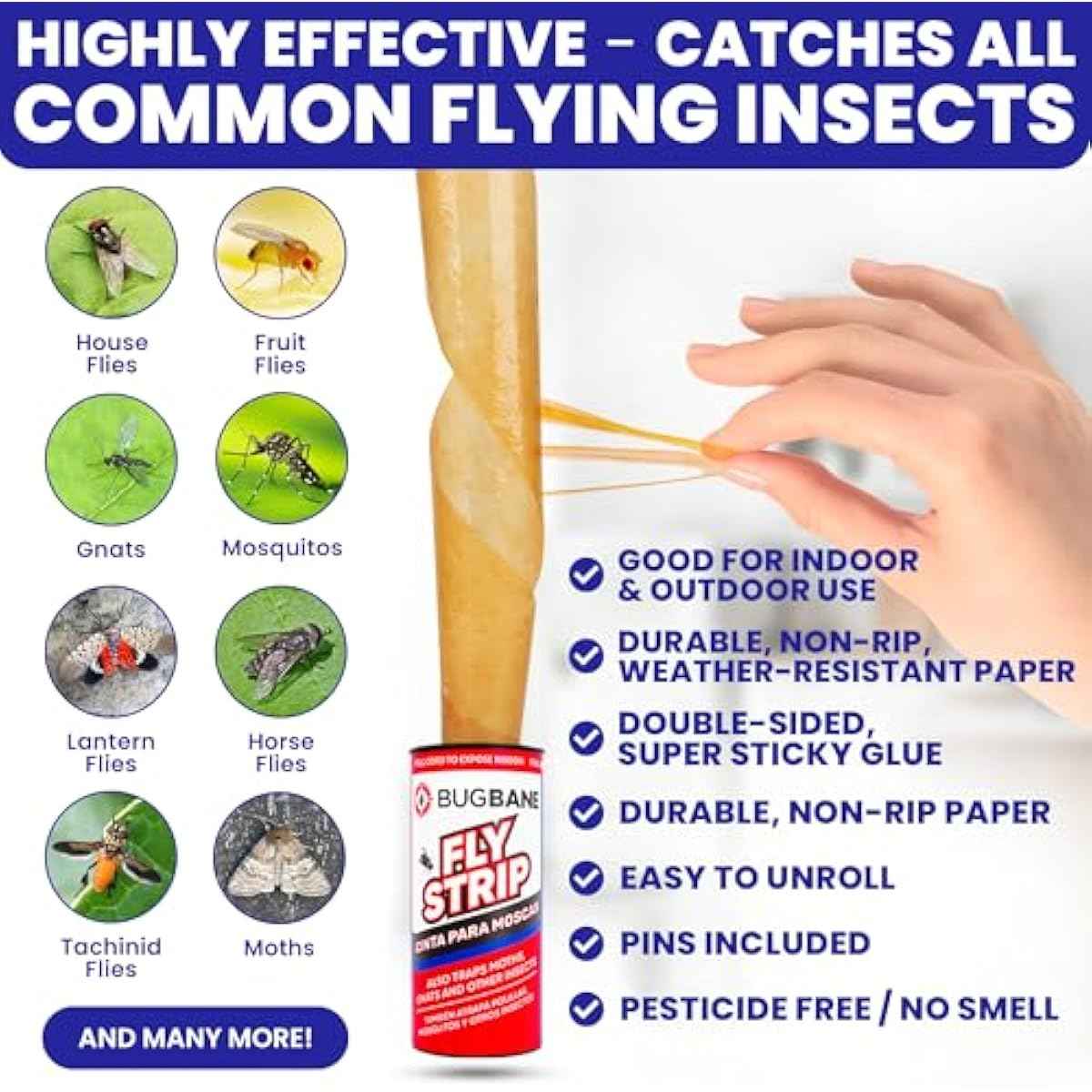 Fly Strips Indoor Sticky Hanging 24pk with Pins. Non Toxic Outdoor Fly Trap Indoor for Home. Flies Tape Paper Trap Ribbon Roll for House Gnat Fruit and Housefly. Bug Catchers for Inside Home Flypaper
