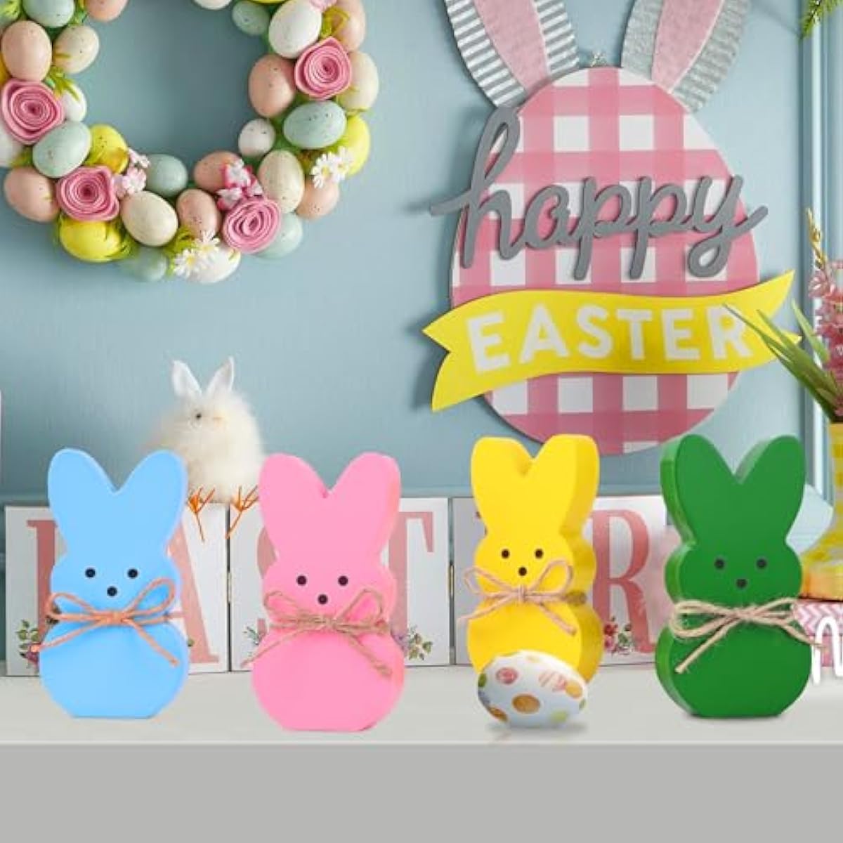 Easter Décor, 4 Pcs Wooden Peep Bunny Decorations for Tiered Tray, Mantel, Farmhouse, Cute Spring Signs for Home, Office, Party Supplies