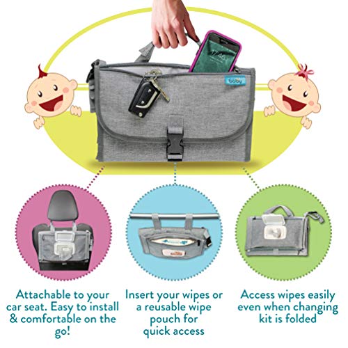 Kopi Baby Portable Diaper Changing Pad - Grey, Classic, 7.35 x 11.5 inches, Foldable, Infant Travel Station Kit, Newborn Gift